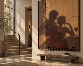 Impasto Palette‑Knife Oil Painting of Couple at Wine Table, Warm Golden‑Sienna Window Silhouette Figurative Wall Art