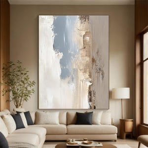 Beige Wabi Sabi Wall Art Blue Minimalist Abstract Painting on Canvas Neutral Beige Blue Textured Wall Art Modern Living Room Wall Decor