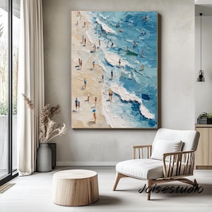 Original Abstract Seascape Oil Painting: Blue Ocean Waves, Living Room Wall Art