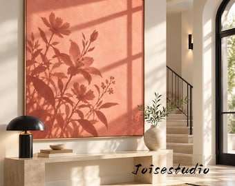 Dusty Pink Floral Impasto Art, Wild Flower Silhouette, Minimalist Vertical Wall Art for Bedroom