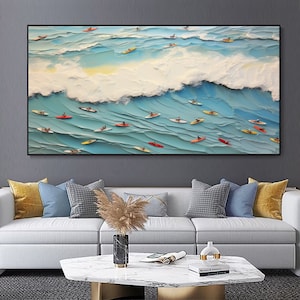 Original Blue Ocean Landscape Wall Art On Canvas Blue Ocean Landscape Wall Decor Large Original Blue Sea White Wave Painting Sea Wave Wall image 4