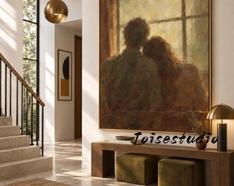 Moody Vintage Intimate Couple Oil Wall Art, Heavy Thick Brush‑Stroke Impasto Painting, Earthy Moss‑Brown Tone Romantic Figurative Canvas