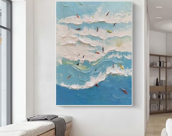 原画/抽象画/モダンアート/サーフアート/アクリル画 EARLY MORNING サーフアート モダンな波抽象画 オリジナルの海の抽象油絵 白い波の