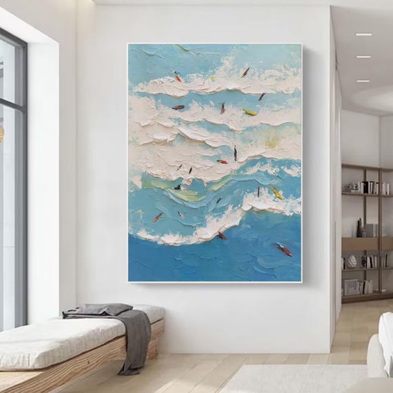 Original Abstract Surfing Oil Painting: Blue Ocean Waves Art