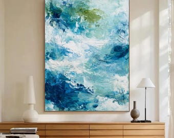 Blue & Green Abstract Texture Painting: Minimalist Canvas Art