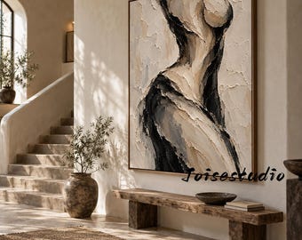Neutral Moody Figurative Wall Art, Abstract Female Form Impasto Painting, Thick Palette Knife Texture Art