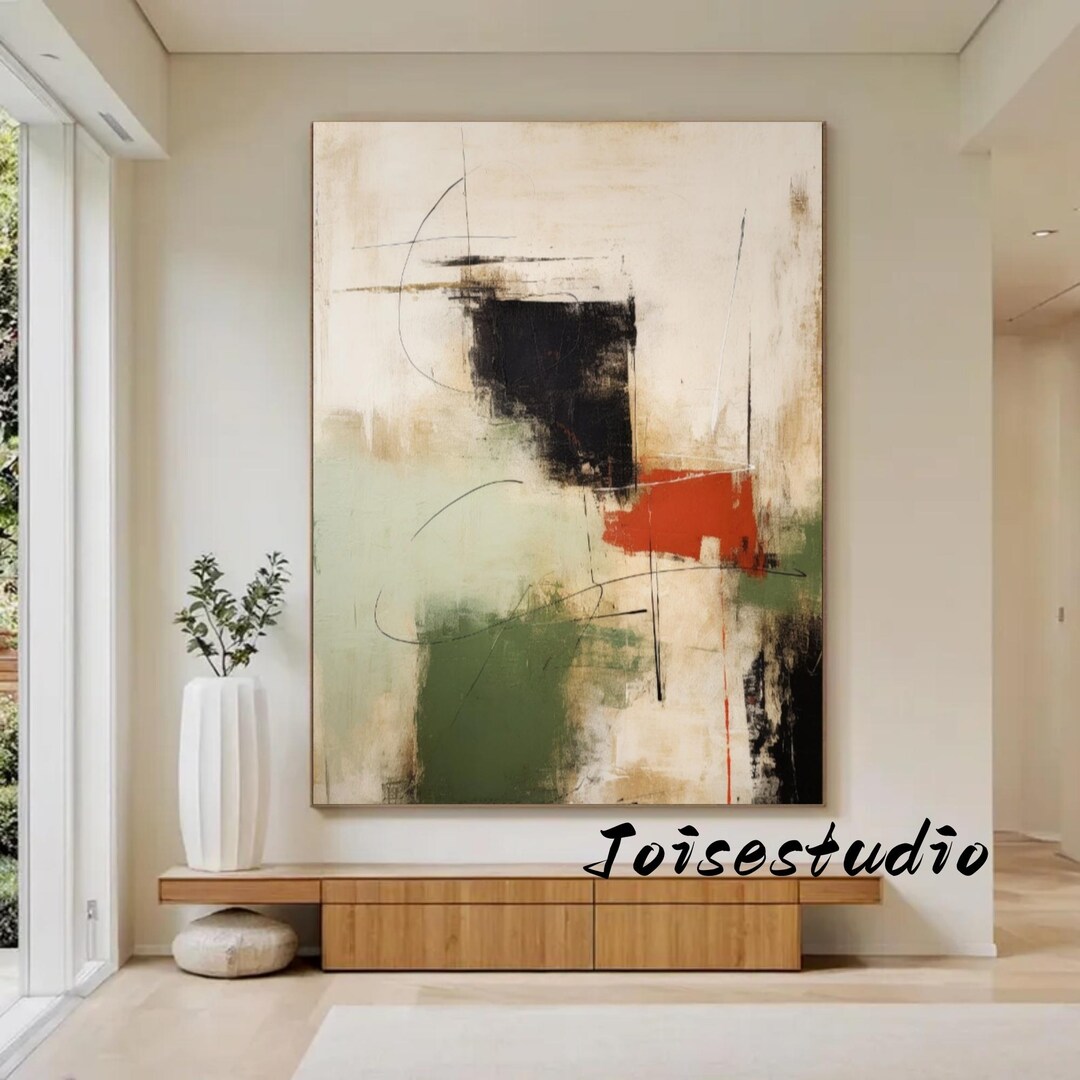 Nordic Abstract Painting: Beige & Green Canvas Wall Art - Etsy Israel