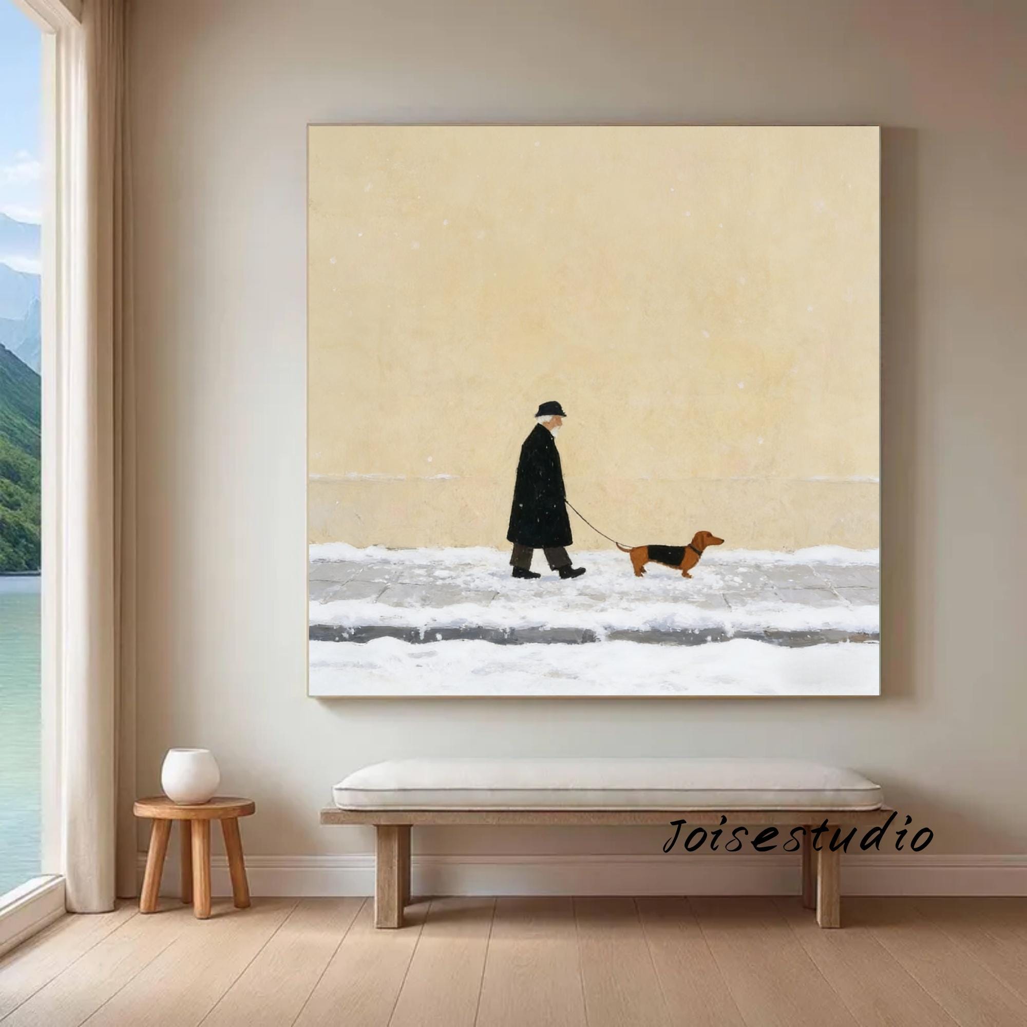 侘び寂びの老人と犬の絵画：抽象的なテクスチャのキャンバスアート