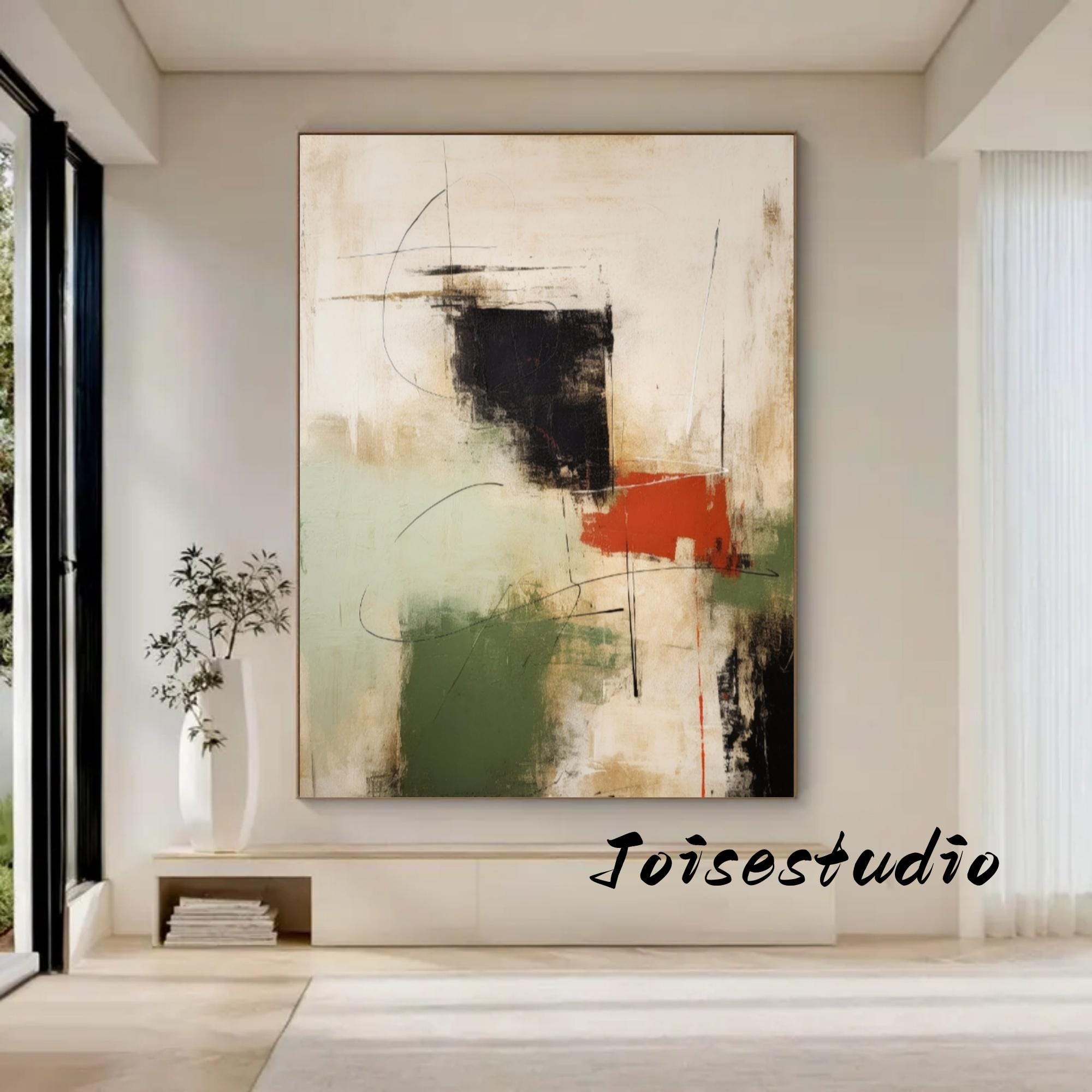 Nordic Abstract Painting: Beige & Green Canvas Wall Art - Etsy Israel