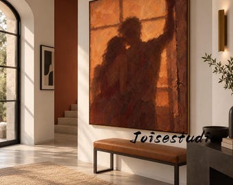 Industrial Rustic Figurative Wall Art, Palette‑Knife Impasto Passionate Couple Oil Painting