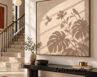 Textured Impasto Oil Painting, Neutral Monstera Flower & Songbird Botanical Print, Earth Tone Home Wall Decor