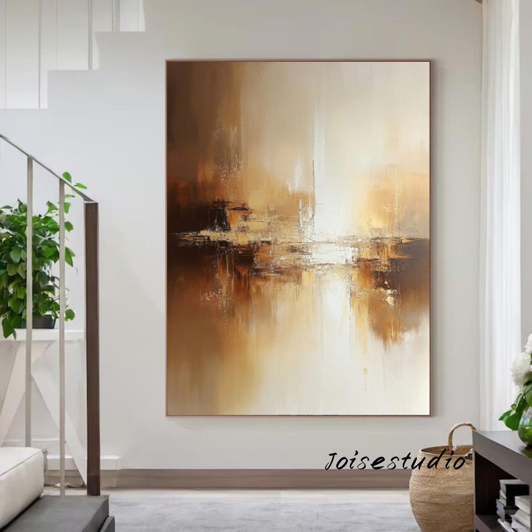 Large Gold Abstract Canvas Painting: Modern Gold White Living Room Art ...