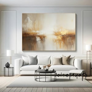 Large Gold Abstract Canvas Painting: Modern Beige White Living Room Art