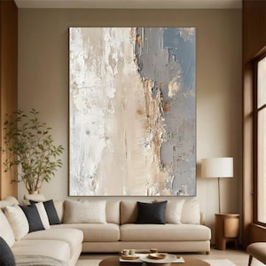 Large Abstract Texture Oil Painting: Beige, Blue, and White Art