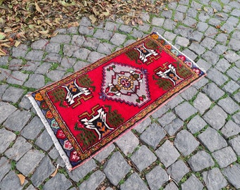 Red Wool Small Vintage Turkish Rug On Sale 50x100 cm