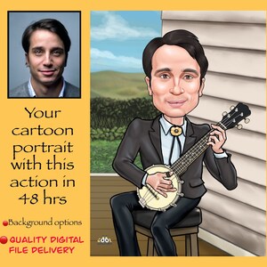 Banjo Player Art Gift Caricature digital drawing from photos / Custom Hawaiian guitar player cartoon portrait birthday gift
