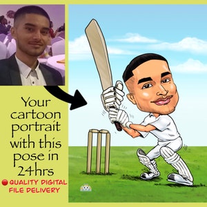 Cricket Gift- cartoon portrait as birthday gift | Cricket personalised caricature | Cricket birthday gift for him