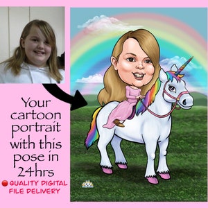 Personalised Unicorn cartoon portrait birthday gift | Disney art gift for girl