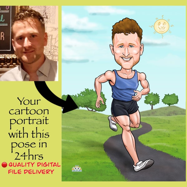 Gifts for runners caricature | Marathon runner present for him as Birthday gift | Christmas gifts for him | Drawing from photo for print