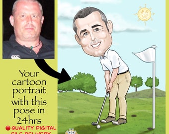 Golf custom caricature cartoon portrait as birthday gift | Golfer gift for him