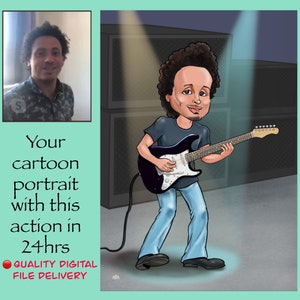 Electric rock guitar player gift caricature drawing from photo | Classic Rock guitarist gift for boyfriend and Dad
