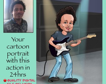 May include: A cartoon portrait of a person playing an electric guitar on a stage with spotlights. The person is wearing blue jeans and a dark grey shirt. The guitar is black with white accents. The background is a blue-green color.