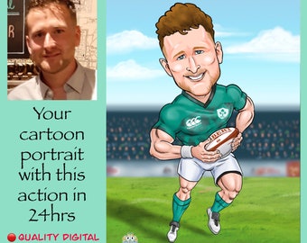 Irish Rugby art gift | rugby painting | cartoon portrait drawing from photo | Rugby gift for men