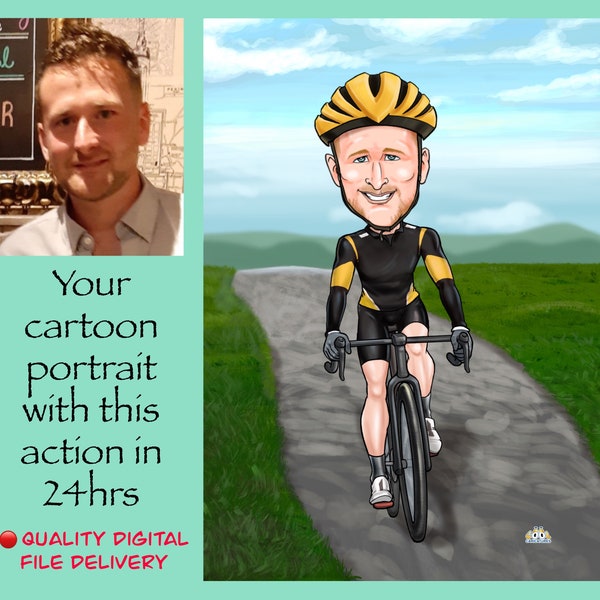 Male Bicycle Cycling Cartoon Caricature poster as Wall Art Gifts | bike anniversary gift for him | cycling jersey digital drawing off photos