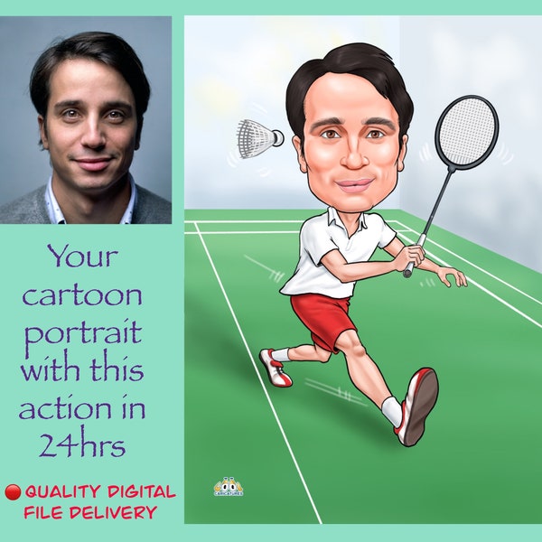 Badminton caricature poster to print | cartoon portrait drawing from photo | Badminton gift for men