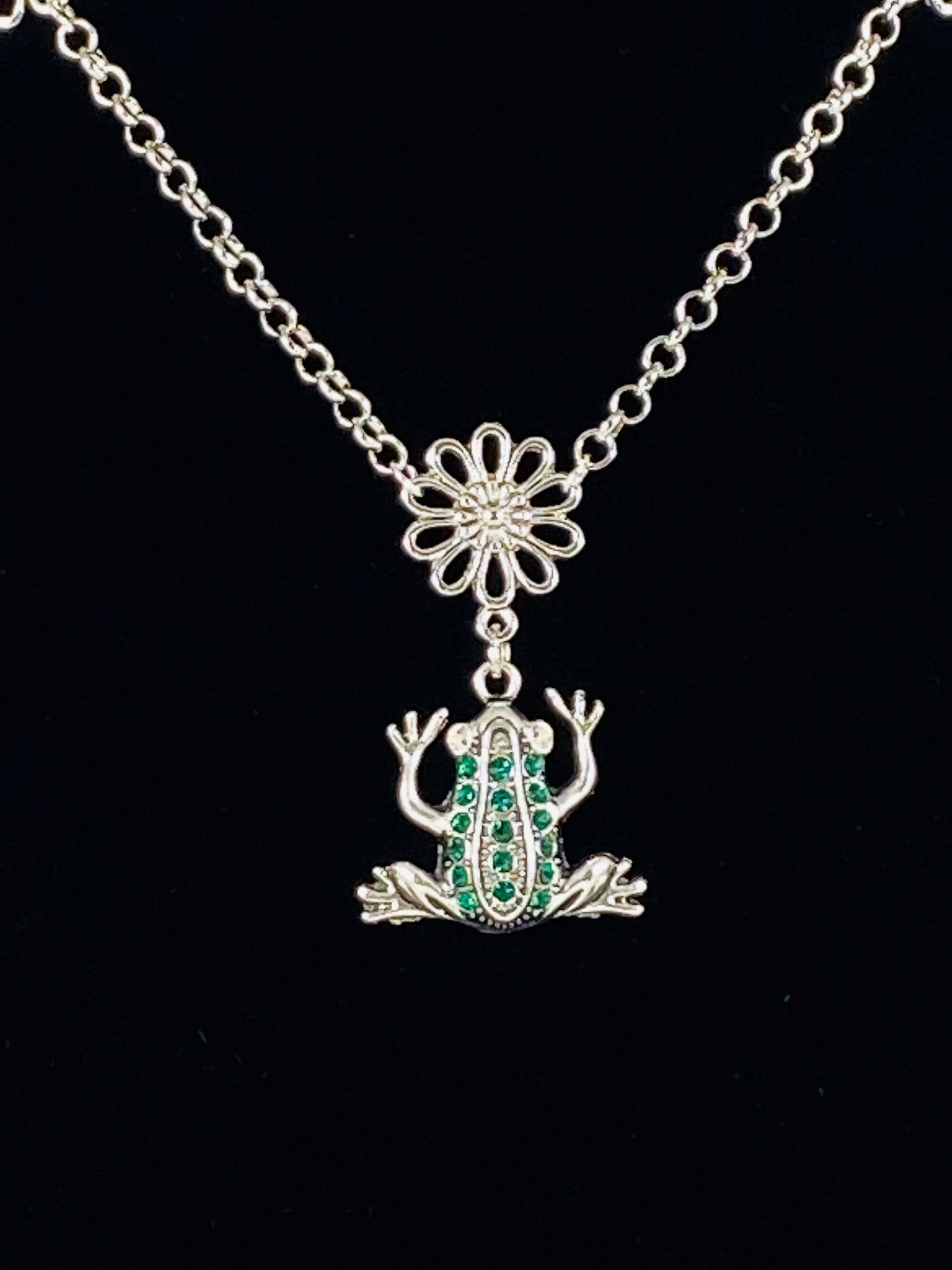 Frog and Flowers Necklace Frog Rhinestone Necklace Cute Etsy