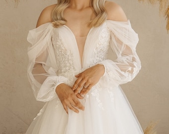 Fairy Wedding Dress, Glitter Tulle Bridal Gown, Off Shoulder Bishop Sleeves, Corset Back Princess Dress, Whimsical Boho A-line Gown