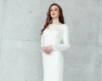 Simple Long Sleeve Wedding Dress, Mermaid Wedding Dress, Satin Wedding Dress Long Sleeve, Minimalist Wedding Dress, Backless Wedding Dress