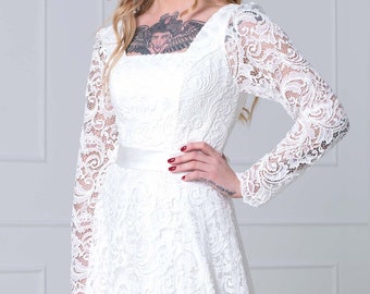 SELLOUT, IN STOCK: Lace Wedding Dress, Boho A Line Wedding Dress, Floral Wedding Dress, Long Sleeve Wedding Dress, Bohemian Wedding Dress