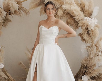 Satin Strapless Wedding Gown, Minimalist Wedding Dress, Ivory Satin Bridal Dress, Satin Strapless Wedding Dress, Couture Wedding Dress