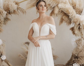 Pleated Chiffon Wedding Dress, Boho Wedding Dress Long Sleeve, Puffy Sleeve Wedding Dress, Off Shoulder Wedding Dress, Deep V Neck Wedding