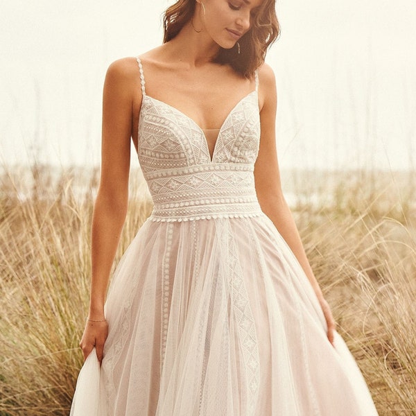 Boho Wedding Dress, Beach Wedding Dress, A Line Wedding Dress, Lace Wedding Dress, Bohemian Wedding Dress, Open Back Wedding Dress