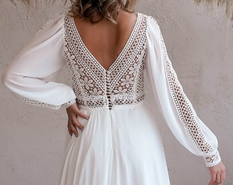 Rustic Forest Wedding Dress Flowy A Line Chiffon Gown Long Sleeve Boho Bridal Dress Beach Elopement Dress V Neck Lace Backless