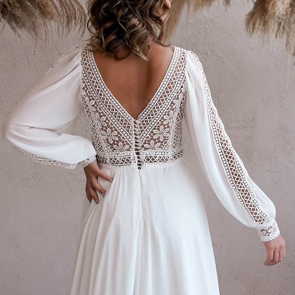 Rustic Forest Wedding Dress Flowy A Line Chiffon Gown Long Sleeve Boho Bridal Dress Beach Elopement Dress V Neck Lace Backless