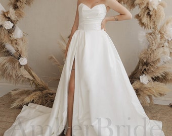 Simple Wedding Dress Casual Wedding Dress A Line Satin Wedding Dress Strapless Wedding Dress Long Train Wedding Dress Court Wedding Dress
