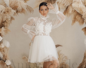 Knee Length Dress, Short Floral Dress, Short Wedding Dress Boho, Mini Wedding Dress, Boho Reception Dress, Short Tulle Wedding Dress