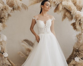 Rustic Wedding Dress, Illusion Wedding Dress, Floral Dress Wedding, Nontraditional Wedding Dress, A-Line Tulle Wedding Dress, Lace Wedding