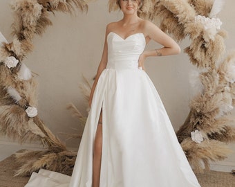 Strapless Satin Wedding Dress with High Slit, Long Train and Draped Bodice
