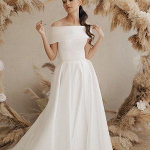 Off The Shoulder Wedding Dress A Line Satin Wedding Dress Casual Wedding Dress Long Train Wedding Dress Off Shoulder Dress Wedding