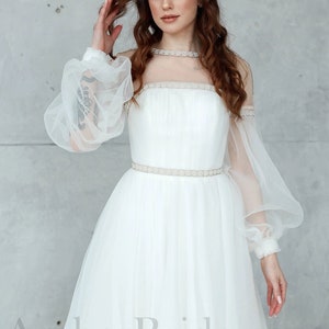 A Line Tulle Wedding Dress, Elegant Wedding Dress, Puffy Sleeve Wedding Dress, Long Sleeve Wedding Dress, Sheer Sleeve Wedding Dress