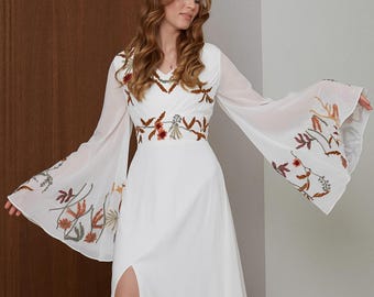 Colorful Embroidered Boho Wedding Dress with Long Bell Sleeves and Chiffon Train