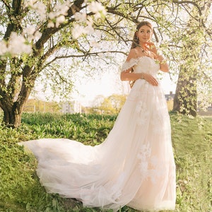 Boho Wedding Dress, A Line Wedding Dress, Lace Wedding Dress, Off Shoulder Wedding Dress, Floral Wedding Dress, Simple Boho Wedding Dress
