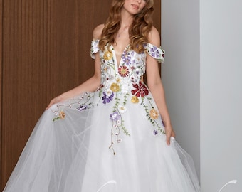 Colorful 3D Floral Wedding Dress with Off Shoulder Straps and Tulle Train