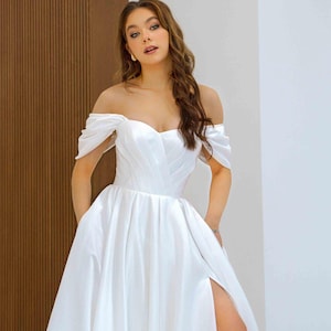 Off Shoulder Satin Wedding Dress A Line Simple Dress Wedding Elegant Modern Bridal Dress Classy Corset Wedding Gown Courthouse Wedding Dress