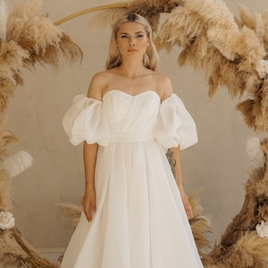 Simple Wedding Dress, A-Line Wedding Dress, Casual Wedding Dress, Elegant Wedding Dress, Strapless Wedding Dress, Puffy Sleeve Wedding Dress