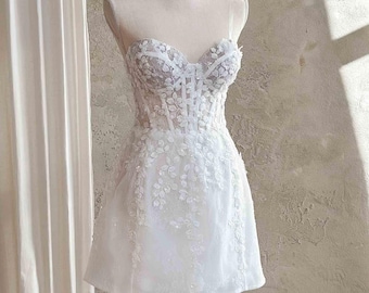 Short Wedding Dress with 3D Floral Lace, Strapless Corset Bodice and Lace Up Back